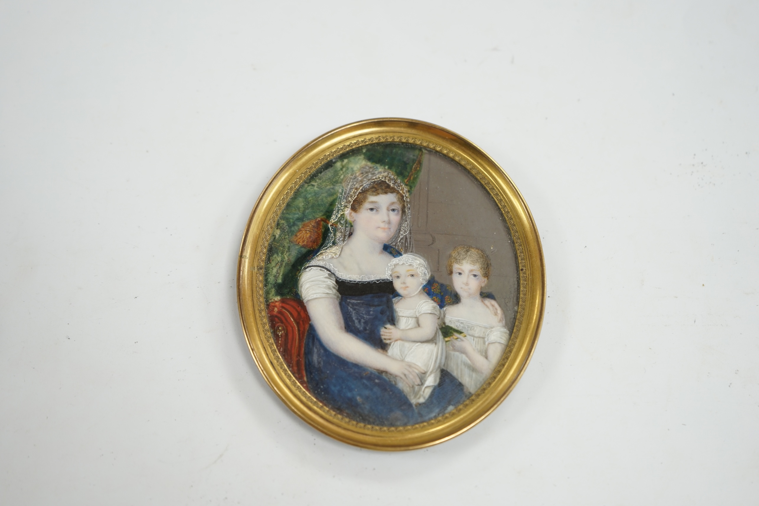 Fribourg, early 19th century portrait miniature, mother and two children, 9 x 7.5cm. CITES Submission reference 1QQK2KZ8. Condition - fair to good